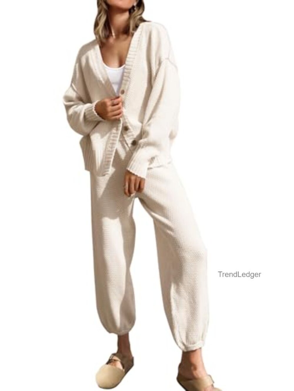 Two Piece Knit Sweater Set Oversized Cardigan and Long Pants Lounge Matching